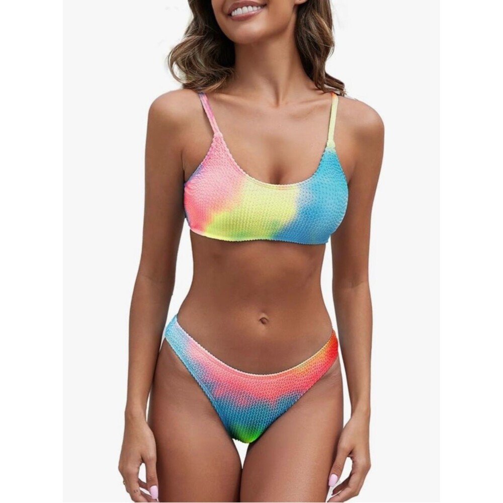 Fanuerg Ribbed Bikini Set Scoop Neck Swimsuit Textured Rainbow Tie Dye S NWT